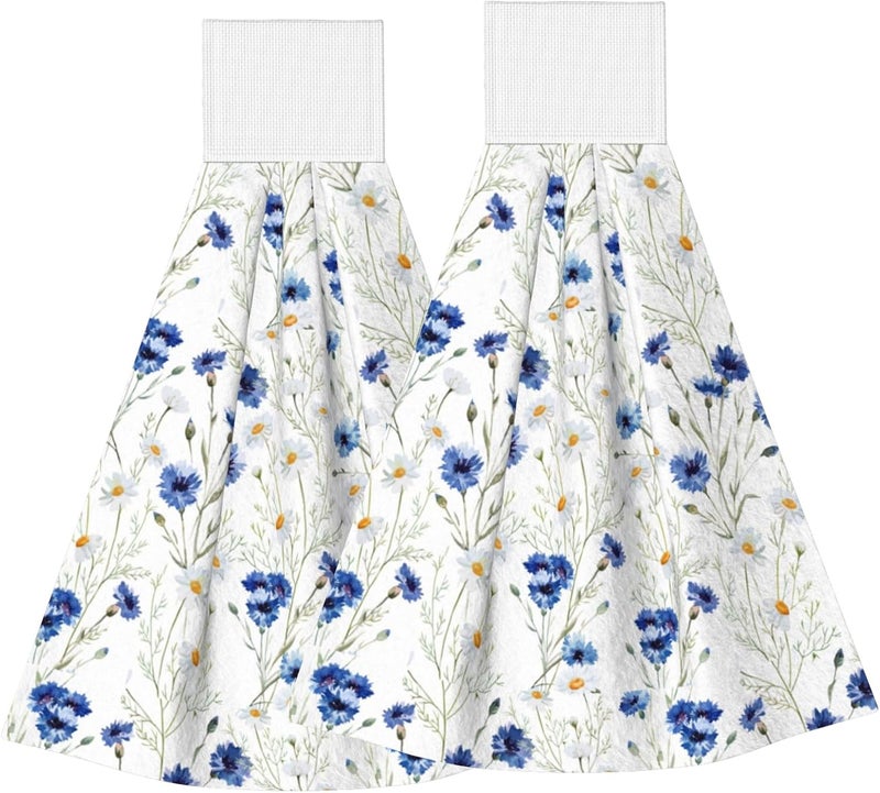 PDDCWAY Floral Cornflowers Hanging Kitchen Towels Set of 2 Spring Summer Flowers Hand Towel with Hanging Loop Wildflower Blue Daisy Dish Towel Soft Absorbent Bath Tie Towel for Bathroom Farmhouse - Image 1